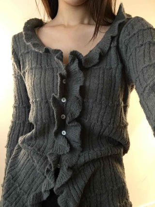 Cable Knitting Ruffle Collar Irregular Hem Knit Cardigan