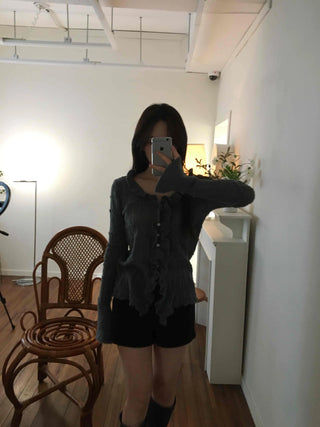 Cable Knitting Ruffle Collar Irregular Hem Knit Cardigan