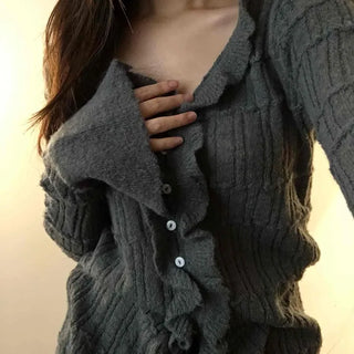 Cable Knitting Ruffle Collar Irregular Hem Knit Cardigan