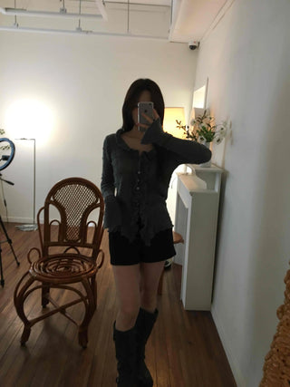 Cable Knitting Ruffle Collar Irregular Hem Knit Cardigan