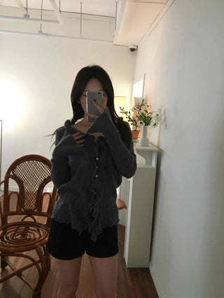 Cable Knitting Ruffle Collar Irregular Hem Knit Cardigan