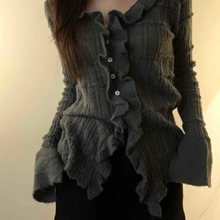 Cable Knitting Ruffle Collar Irregular Hem Knit Cardigan