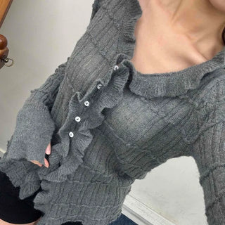 Cable Knitting Ruffle Collar Irregular Hem Knit Cardigan