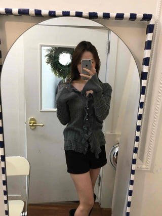 Cable Knitting Ruffle Collar Irregular Hem Knit Cardigan