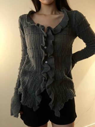 Cable Knitting Ruffle Collar Irregular Hem Knit Cardigan