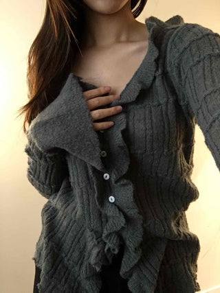 Cable Knitting Ruffle Collar Irregular Hem Knit Cardigan
