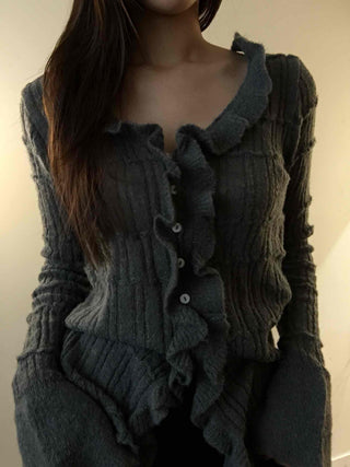Cable Knitting Ruffle Collar Irregular Hem Knit Cardigan