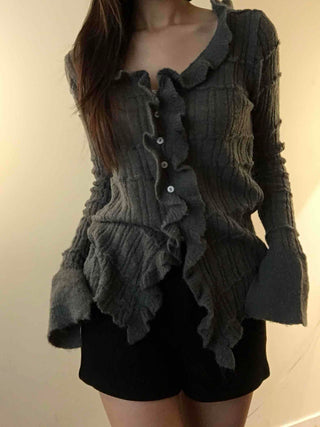 Cable Knitting Ruffle Collar Irregular Hem Knit Cardigan