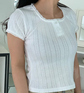 Zero Puff Punched Lace Square Neck Short Sleeve T-shirt