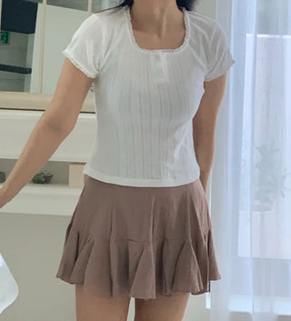 Zero Puff Punched Lace Square Neck Short Sleeve T-shirt