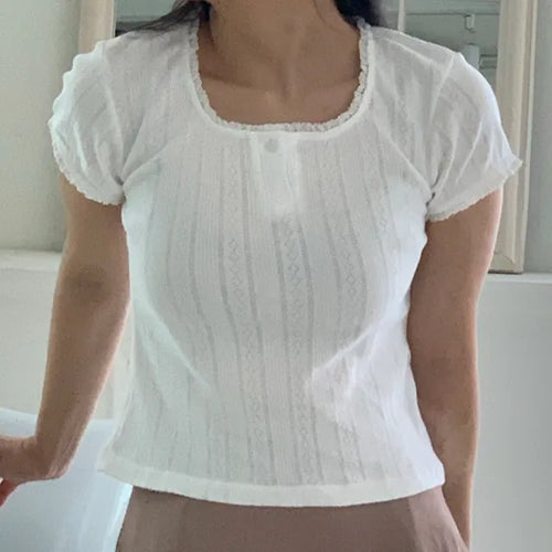 Zero Puff Punched Lace Square Neck Short Sleeve T-shirt