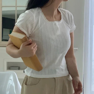 Zero Puff Punched Lace Square Neck Short Sleeve T-shirt