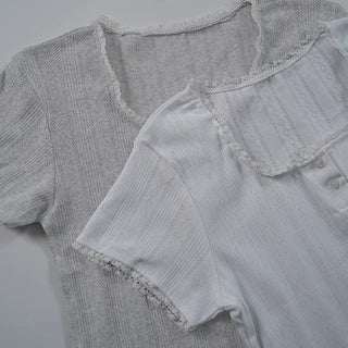 Zero Puff Punched Lace Square Neck Short Sleeve T-shirt