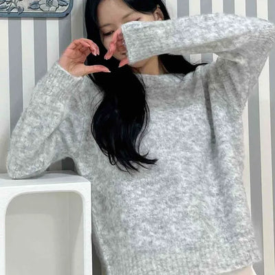 Feminine Puff Sleeve Loose Fit Round Knit