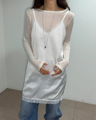 Ships Today  Milk Adjustable Shoulder Lace Silk Satin Slip Camisole V-Neck Made in Korea  Bustier Layered Mini Dress