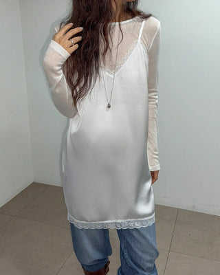 Ships Today  Milk Adjustable Shoulder Lace Silk Satin Slip Camisole V-Neck Made in Korea  Bustier Layered Mini Dress