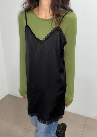 Ships Today  Milk Adjustable Shoulder Lace Silk Satin Slip Camisole V-Neck Made in Korea  Bustier Layered Mini Dress