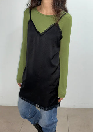 Ships Today  Milk Adjustable Shoulder Lace Silk Satin Slip Camisole V-Neck Made in Korea  Bustier Layered Mini Dress