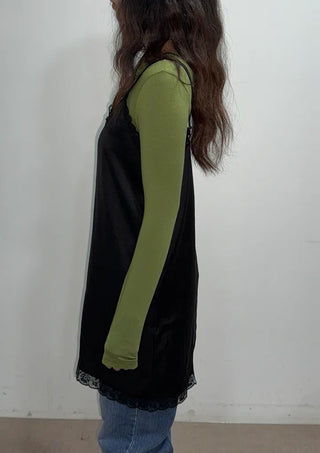 Ships Today  Milk Adjustable Shoulder Lace Silk Satin Slip Camisole V-Neck Made in Korea  Bustier Layered Mini Dress