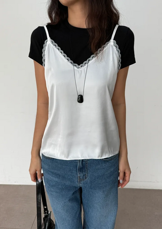Ships Today  Milk Adjustable Shoulder Lace Silk Satin Slip Camisole V-Neck Made in Korea  Bustier Layered Mini Dress