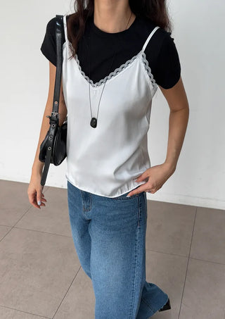 Ships Today  Milk Adjustable Shoulder Lace Silk Satin Slip Camisole V-Neck Made in Korea  Bustier Layered Mini Dress
