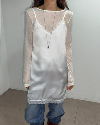 Ships Today  Milk Adjustable Shoulder Lace Silk Satin Slip Camisole V-Neck Made in Korea  Bustier Layered Mini Dress