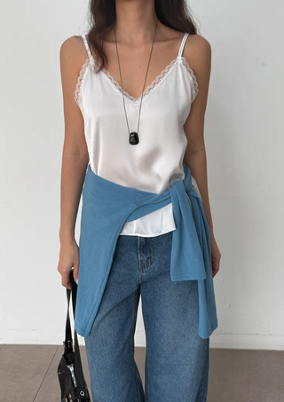 Ships Today  Milk Adjustable Shoulder Lace Silk Satin Slip Camisole V-Neck Made in Korea  Bustier Layered Mini Dress