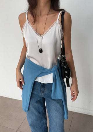 Ships Today  Milk Adjustable Shoulder Lace Silk Satin Slip Camisole V-Neck Made in Korea  Bustier Layered Mini Dress