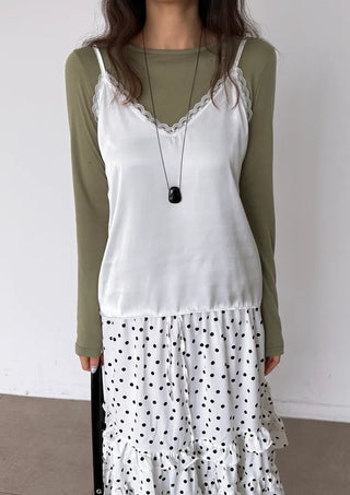 Ships Today  Milk Adjustable Shoulder Lace Silk Satin Slip Camisole V-Neck Made in Korea  Bustier Layered Mini Dress