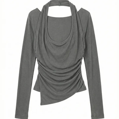 Molly Layered Halter Neck Draped Asymmetrical Semi-Crop Slim Long Sleeve Boat Neck Cutout T-shirt
