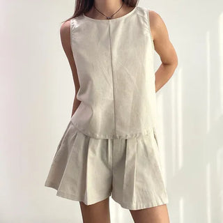 Linen Sleeveless Shorts with Back Slit Set