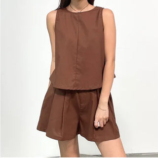 Linen Sleeveless Shorts with Back Slit Set
