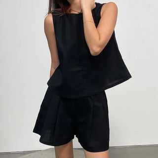 Linen Sleeveless Shorts with Back Slit Set