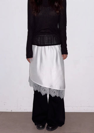 Lenny Lace Silk Satin Layered Elastic Midi Spring All-Season Skirt