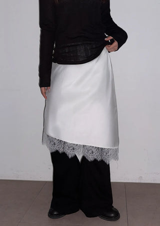 Lenny Lace Silk Satin Layered Elastic Midi Spring All-Season Skirt