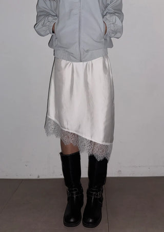 Lenny Lace Silk Satin Layered Elastic Midi Spring All-Season Skirt