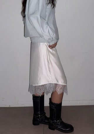 Lenny Lace Silk Satin Layered Elastic Midi Spring All-Season Skirt