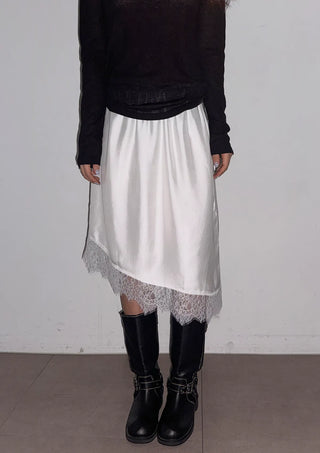 Lenny Lace Silk Satin Layered Elastic Midi Spring All-Season Skirt