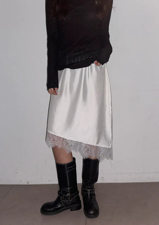 Lenny Lace Silk Satin Layered Elastic Midi Spring All-Season Skirt