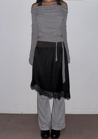 Lenny Lace Silk Satin Layered Elastic Midi Spring All-Season Skirt