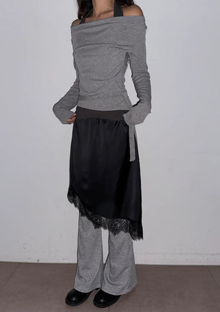 Lenny Lace Silk Satin Layered Elastic Midi Spring All-Season Skirt