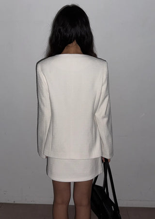 Season Off Sale  Lily Tweed Collarless Silver Hardware Oversized Long Spring Wedding Guest Jacket