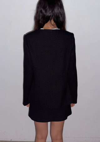 Season Off Sale  Lily Tweed Collarless Silver Hardware Oversized Long Spring Wedding Guest Jacket