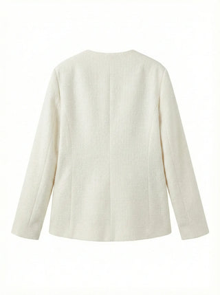 Season Off Sale  Lily Tweed Collarless Silver Hardware Oversized Long Spring Wedding Guest Jacket