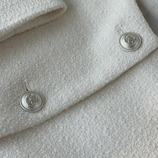 Season Off Sale  Lily Tweed Collarless Silver Hardware Oversized Long Spring Wedding Guest Jacket