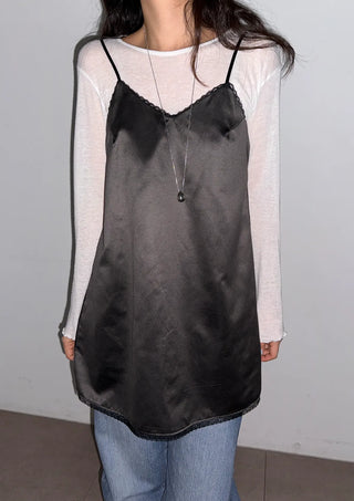 Rodi Silk Sleeveless Layered Lace V-Neck Korean Frill Satin Spring Mini Bustier  Dress