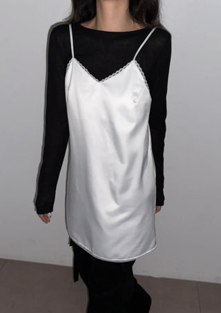 Rodi Silk Sleeveless Layered Lace V-Neck Korean Frill Satin Spring Mini Bustier  Dress
