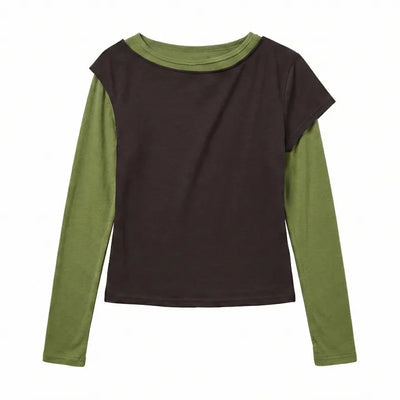 Detachable Chino Asymmetrical Made in Korea Off-shoulder Shoulder Cutout Slim Spring Short Sleeve Long Sleeve Contrast  Transitional T-shirt