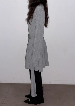 Denny Balloon Mini Belt Round Neck Spring Flare A-Line Tie Mini Dress