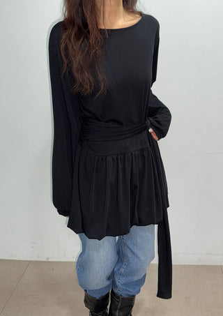 Denny Balloon Mini Belt Round Neck Spring Flare A-Line Tie Mini Dress